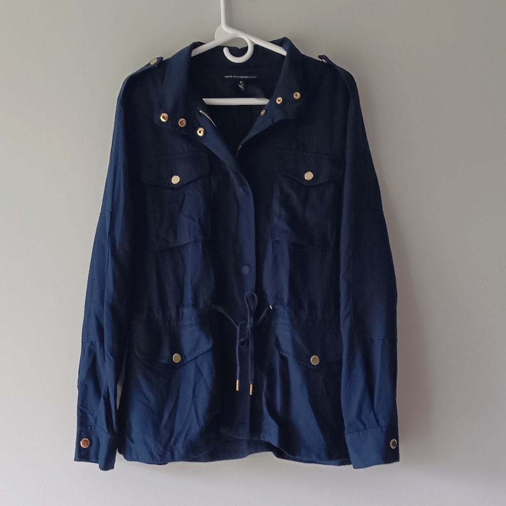 White House Black Market Utility Jacket Military Style Navy Blue Gold Medium